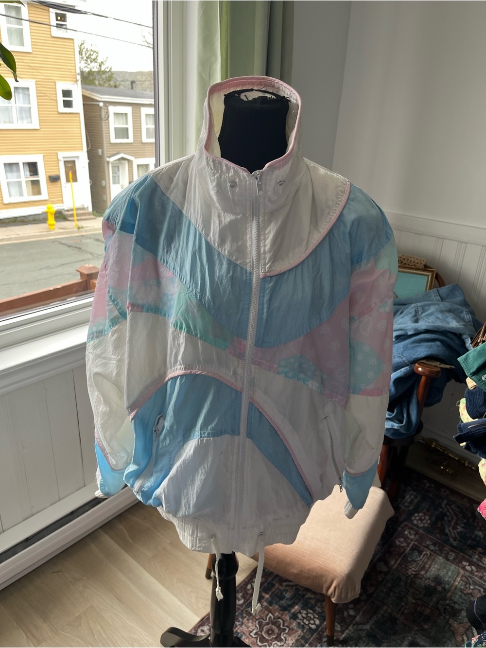 Women’s vintage Pastel Colorblock Retro Windbreaker Track Nylon Bomber Jacket L